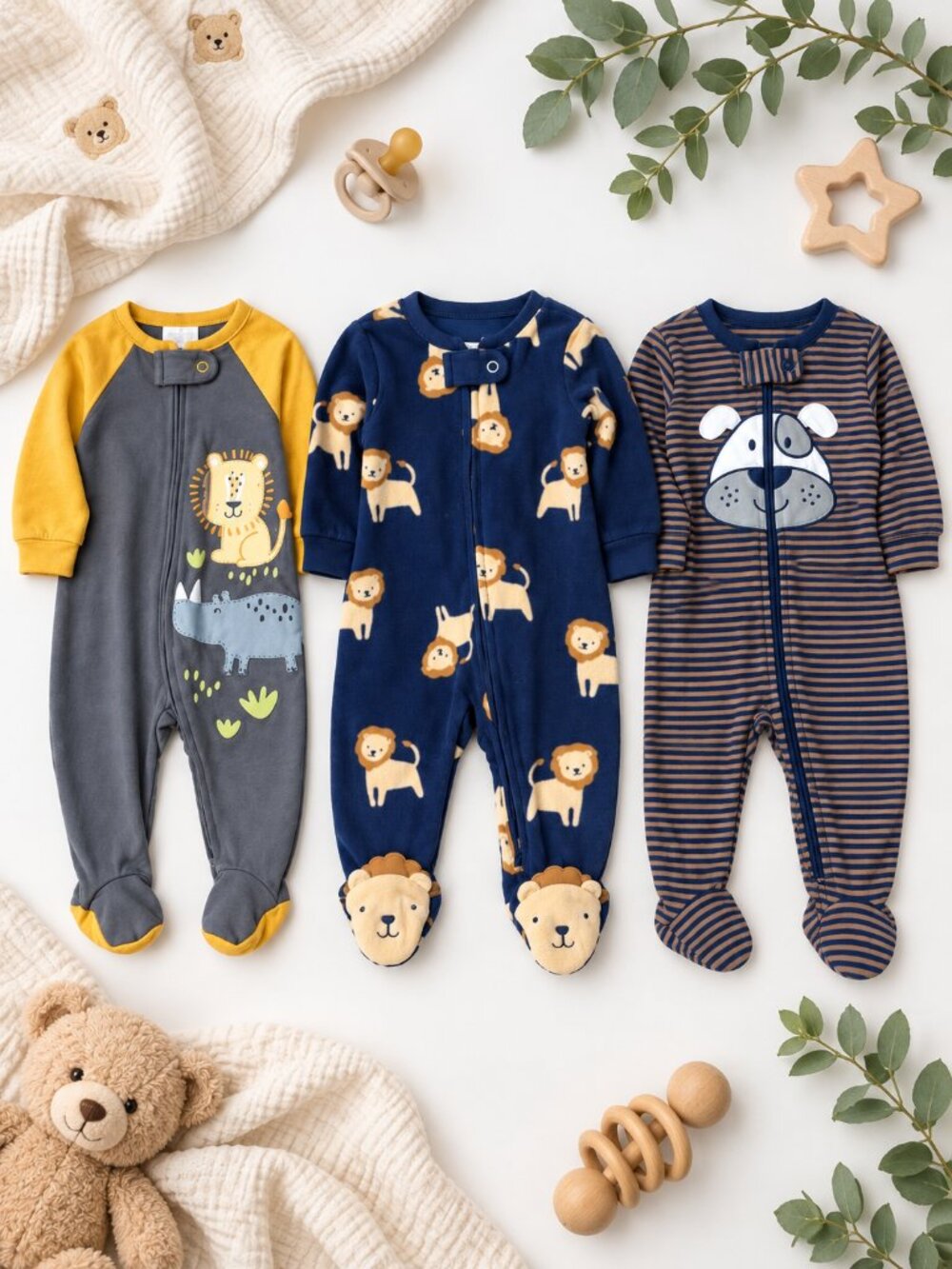 Baby Boy Newborn Footed Pajamas Sleeper Bundle 3 Piece Lion Dog Safari